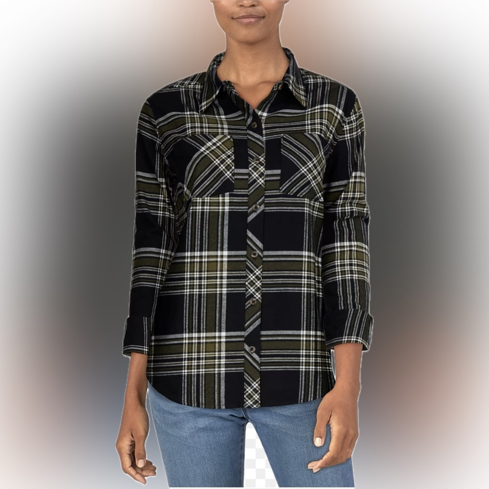 Natural Reflections Plaid Button-Up Flannel Shirt - Black and Green size XL